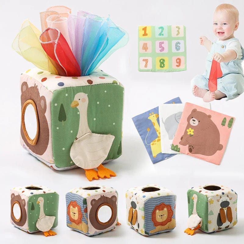 Boîte à Mouchoirs Sensorielle Pour Bébé – Jouet D’éveil En Tissu – Couleurs Vives – 17x12x7,5 Cm – Dès 6 Mois