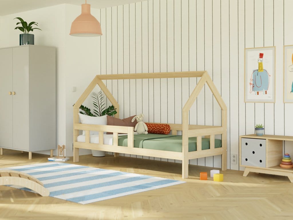 BENLEMI 90 * 160 cm / Bois Naturel / Pas de Tiroir Lit Tipi FENCE 2 barrières N1