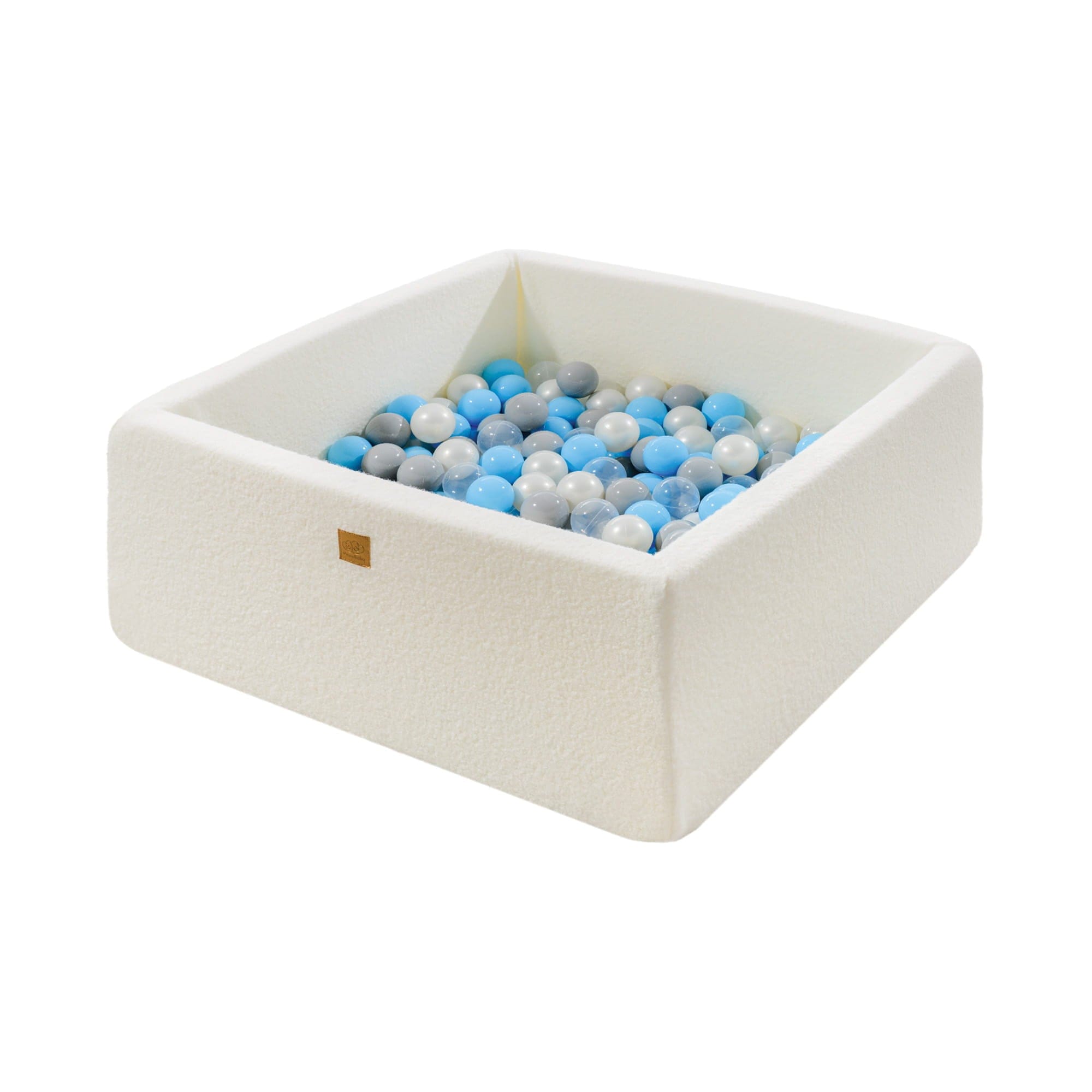 MeowBaby Bleu bébé/Gris/Blanc nacré/Transparent Piscine à balles Carré Tissu Bouclé Blanc Avec 200 balles