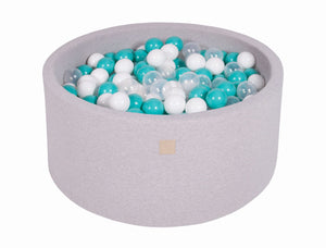 MeowBaby Blanc/Turquoise/Transparent Piscine à balles Ronde Coton Gris clair Avec 300 balles
