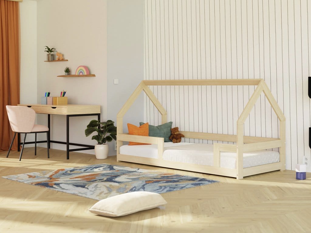 BENLEMI Lit Montessori cabane au sol et individuel SAFE en bois avec 3 barrières