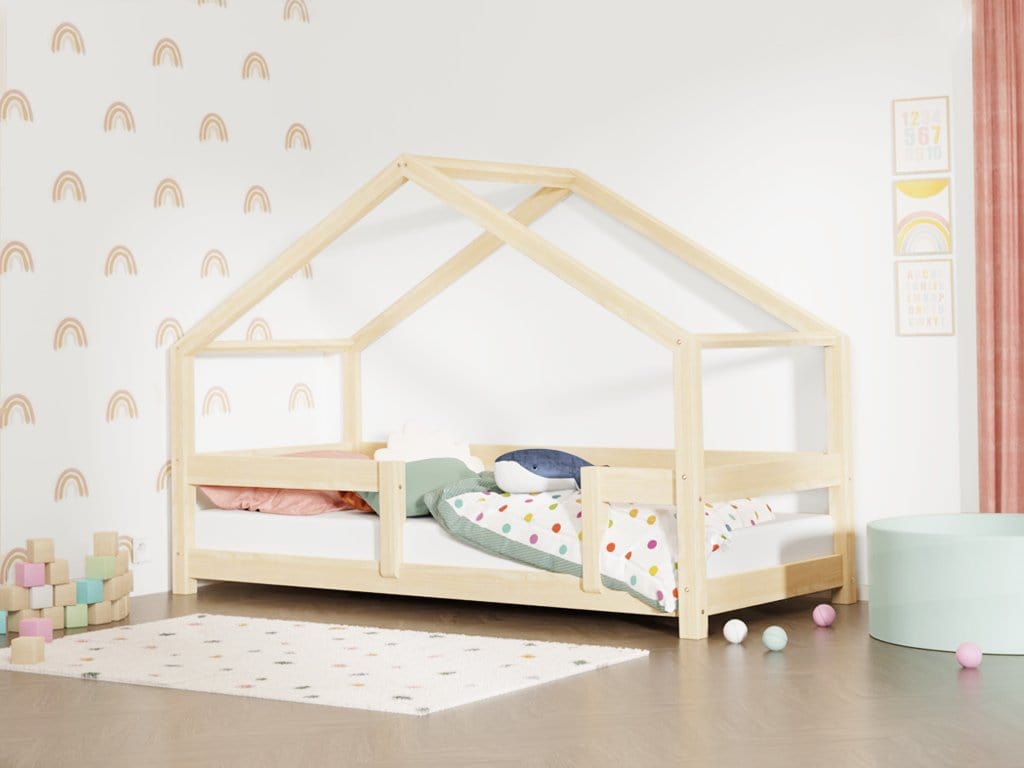 BENLEMI 70 * 160 cm / Bois Naturel Lit Montessori LUCKY avec 2 barrières