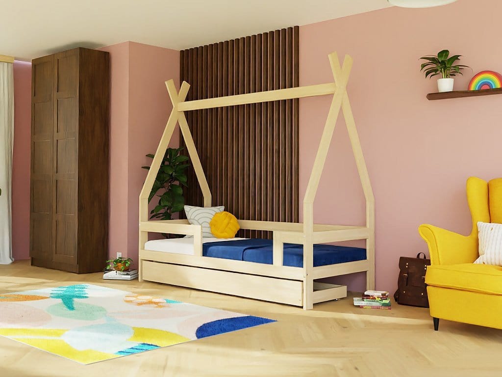 BENLEMI Lit Montessori SAFE en forme de tipi avec 3 barrières en bois