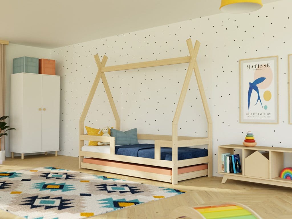 BENLEMI Lit Montessori SAFE en forme de tipi avec 3 barrières en bois