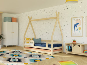 BENLEMI Lit Montessori SAFE en forme de tipi avec 3 barrières en bois