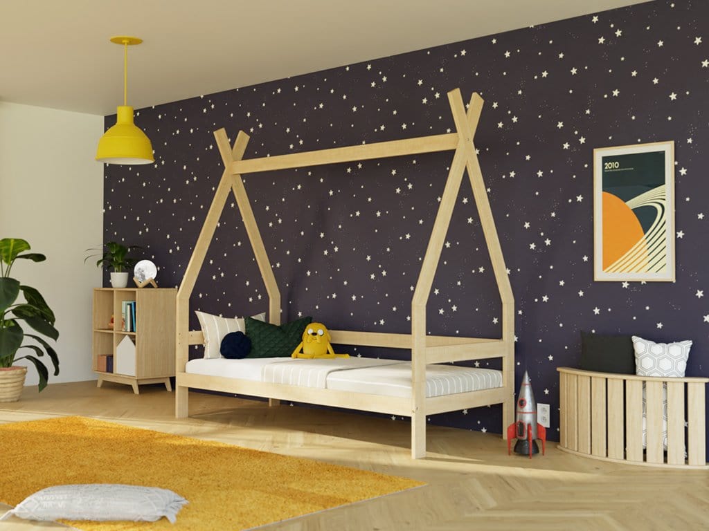 BENLEMI Lit Montessori SAFE en forme de tipi avec barrières en bois