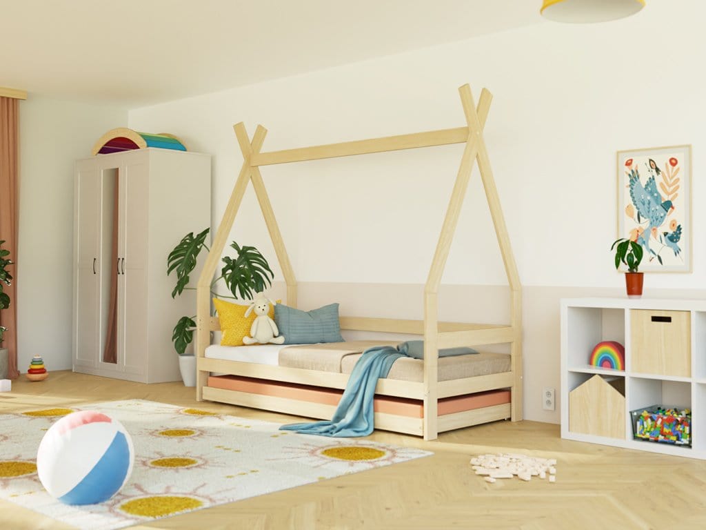 BENLEMI Lit Montessori SAFE en forme de tipi avec barrières en bois