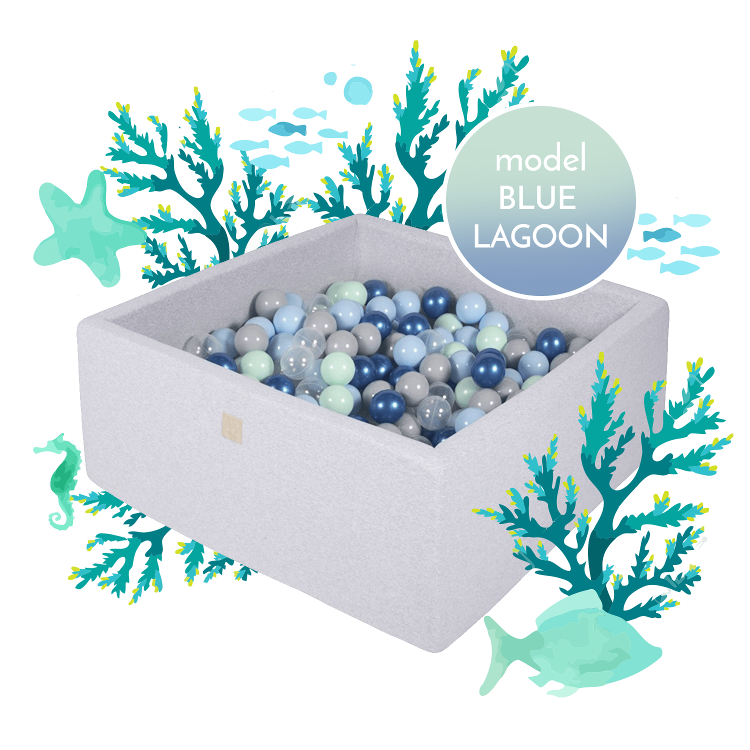 MeowBaby Lagon bleu Piscine à balles Carré Coton Gris clair 90x90x40cm Avec 300 balles