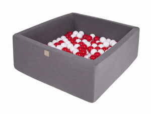 MeowBaby Blanc/Rouge Piscine à balles Carré Coton Gris foncé Avec 400 balles