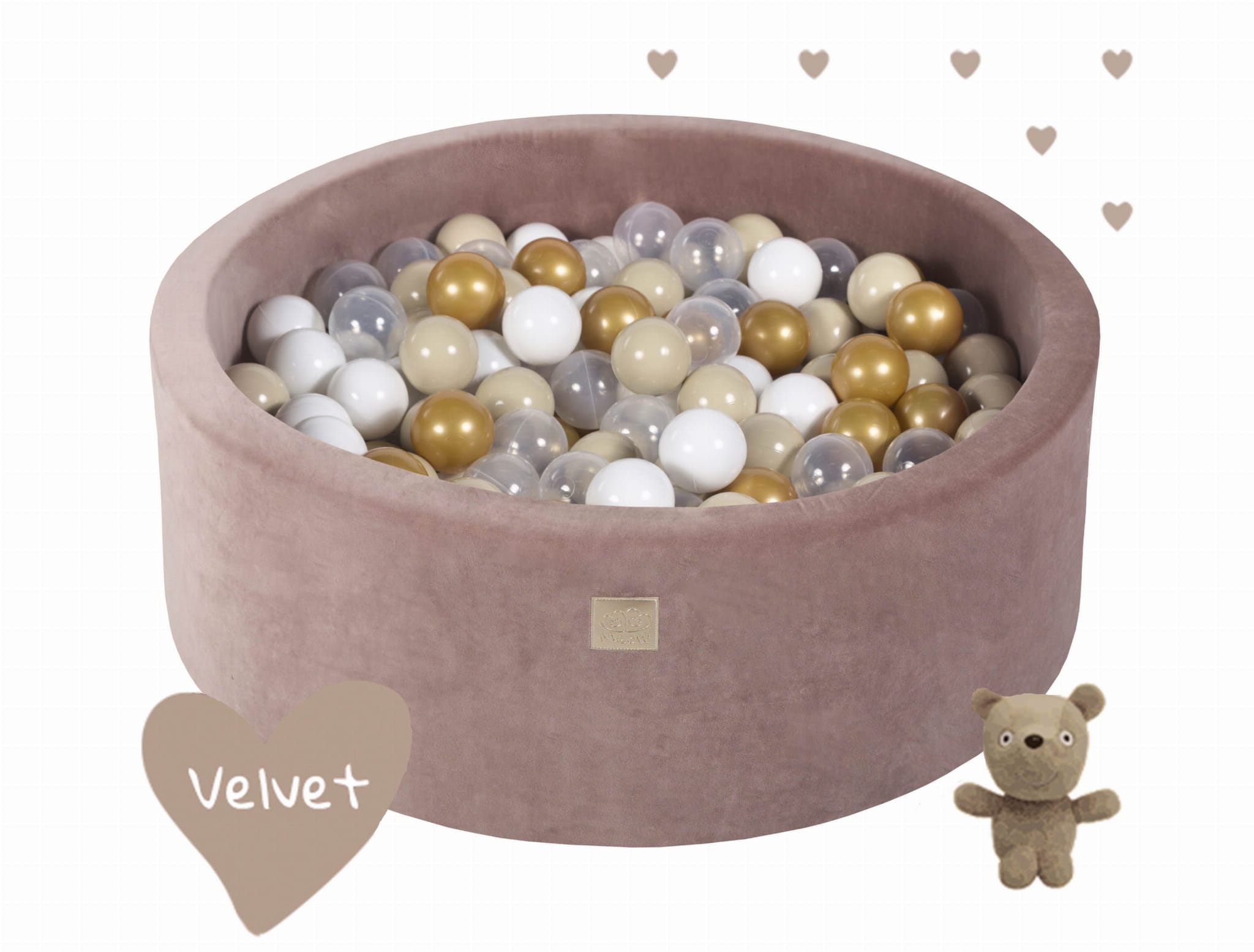 MeowBaby Piscine à balles Ronde Velours Beige 90x30cm Avec 250 balles, Modèle ours en peluche