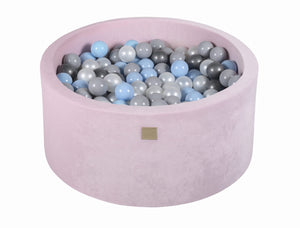 MeowBaby Bleu bébé/Blanc perle/Gris/Argent Piscine à balles Ronde Velours Rose pastel Avec 300 balles